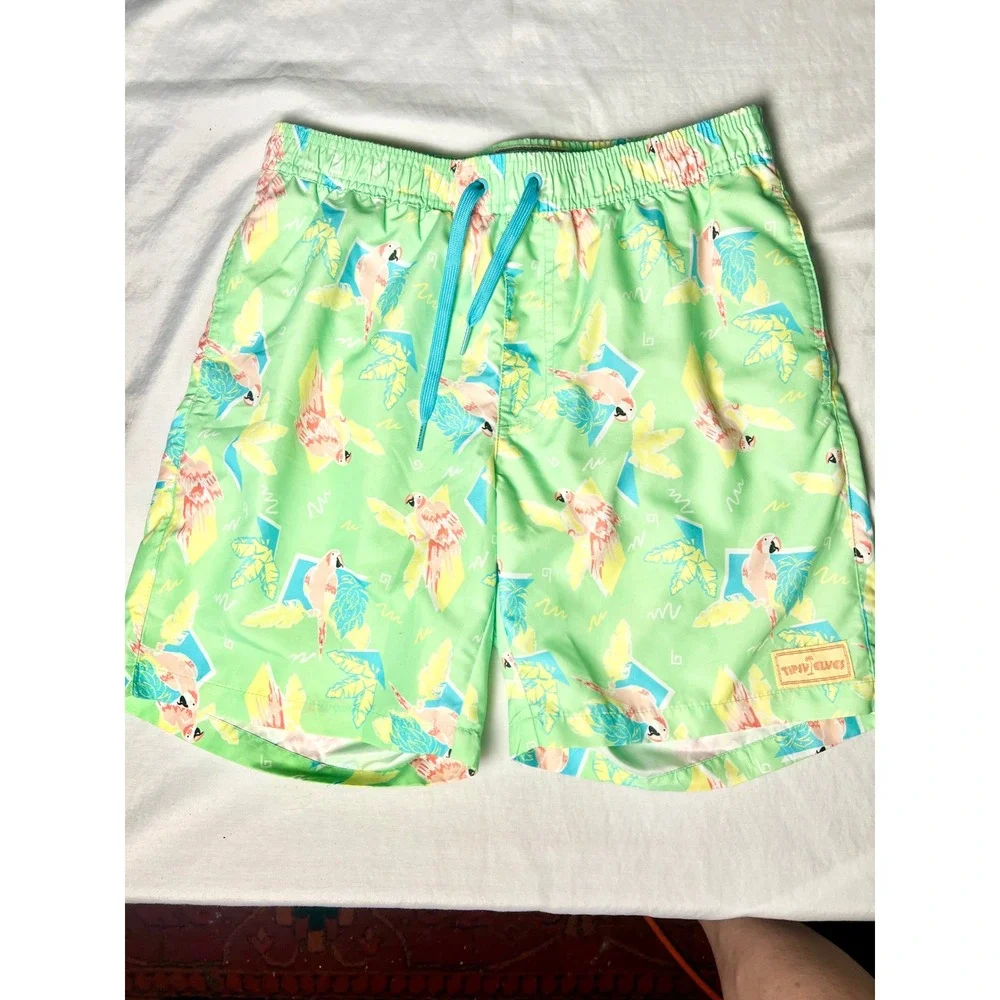 Tipsy Elves Mens Parrot Tropical Swim Trunks Green Retro Board Shorts Size S